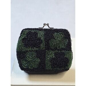 Shamrock Bridgets of Erin Glass Seed Bead Coin Purse Fully Beaded on Both Sides.